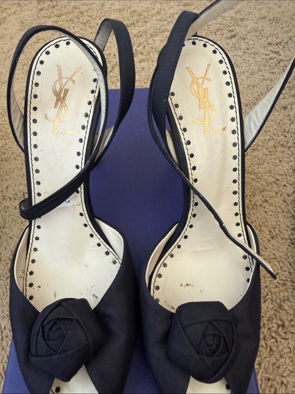 Yves Saint Laurent Black Satin Slingback Heels with Rosette Accent